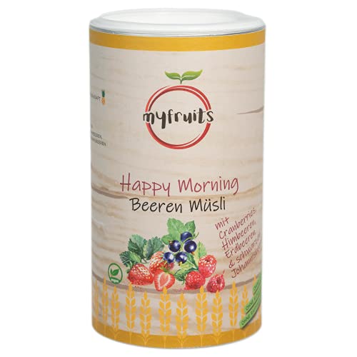 myfruits Beerenmüsli - Happy Morning 500g I mit gefriergetrockneten Früchten - Erdbeeren/ Himbeeren/ schwarze Johannisbeeren & Cranberries, Müsli ohne zugesetzten Zucker