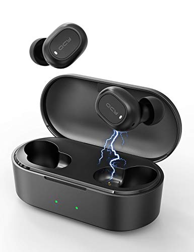 Bluetooth Kopfhörer,QCY T2C Kopfhörer Kabellos Bluetooth 5.0 in Ear Headset True Wireless Sport Earbuds mit Ladekästchen und Integriertem Mikrofon für iPhone Samsung Huawei (Schwarz)